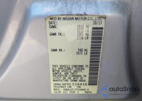 2014 Nissan Altima 2.5 Sv из США, поврежденный, VIN 1N4AL3AP3EC154416